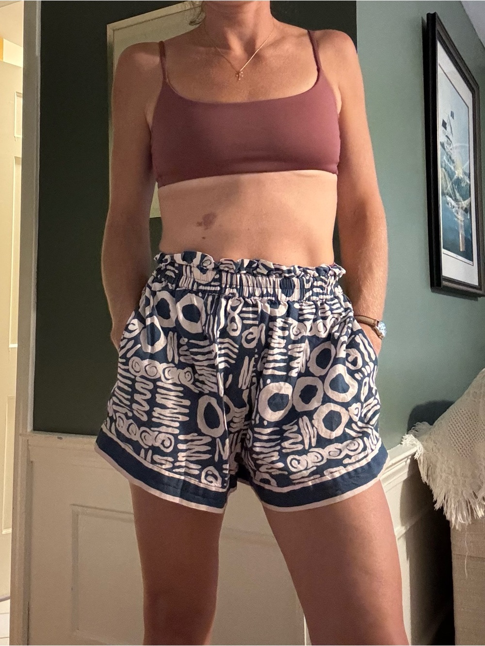 Cleobella Navy and White High-Waist Printed Shorts